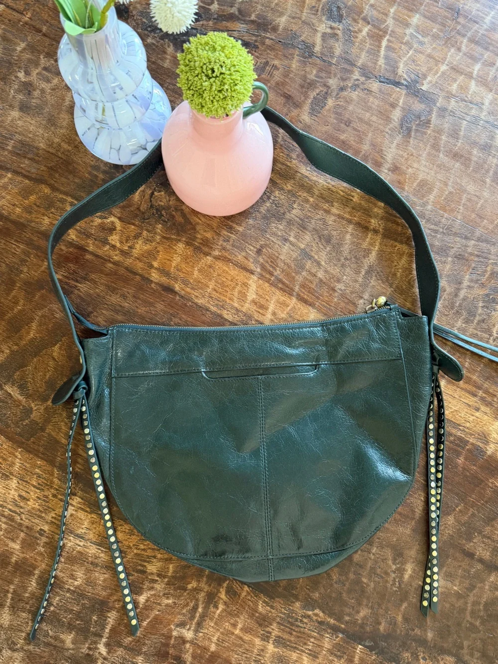 Hobo Dark Green Crinkle Leather Shoulder Bag